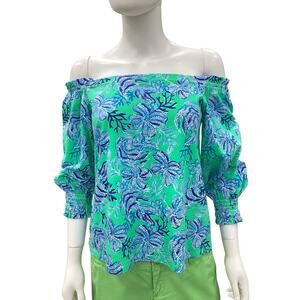 Lilly Pulitzer Top Women’s SZ XS 100% Cotton Long Sleeve Off Shoulder Green Blue